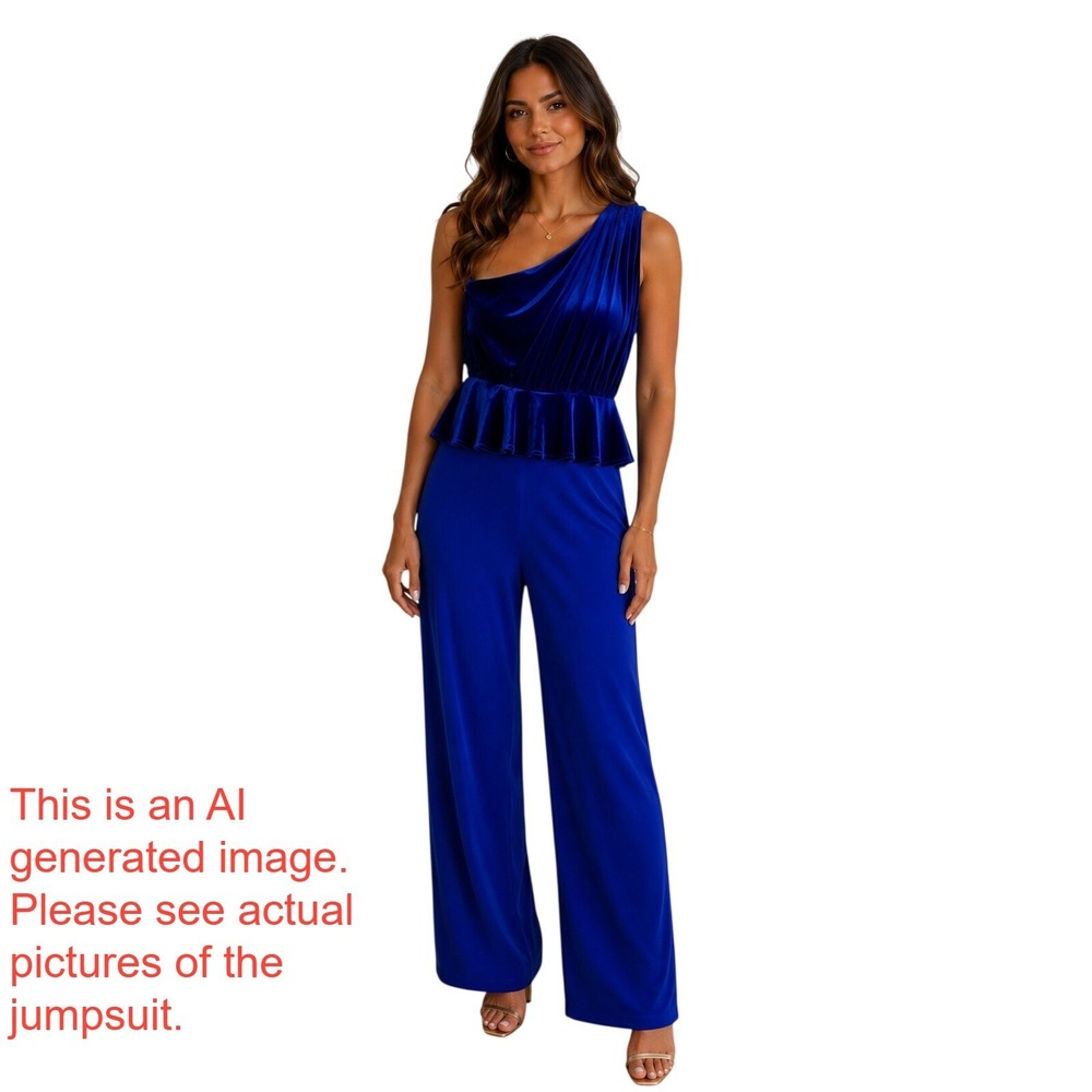 NY&C Royal Blue Velvet One Shoulder Peplum Jumpsuit Wild Leg XL Formal Event